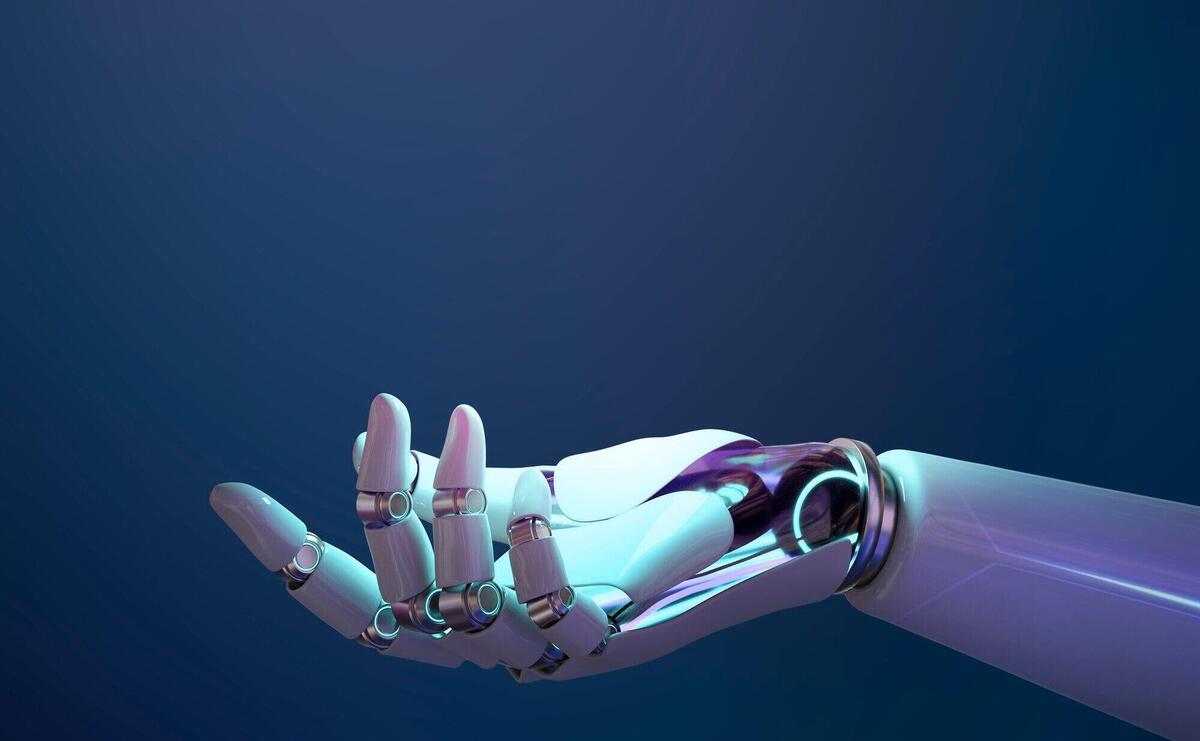 Robot hand background, presenting technology gesture