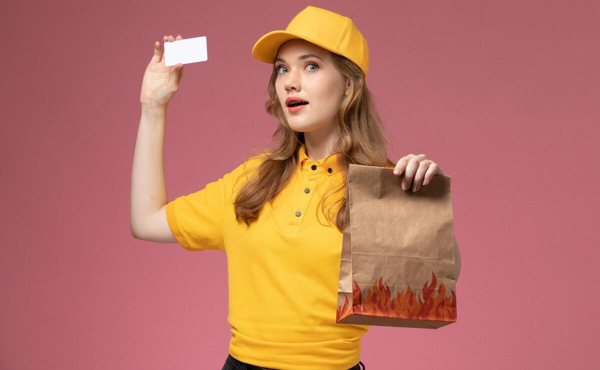 Front view young female courier in yellow uniform yellow cape holding food delivery package with card on the dark-pink desk uniform delivery job service color