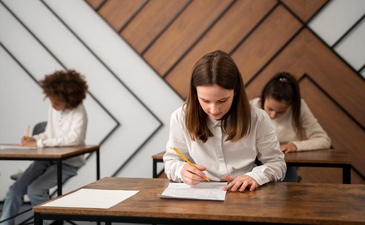 Medium shot kid cheating at school test