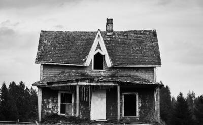 grayscale photo of wooden house