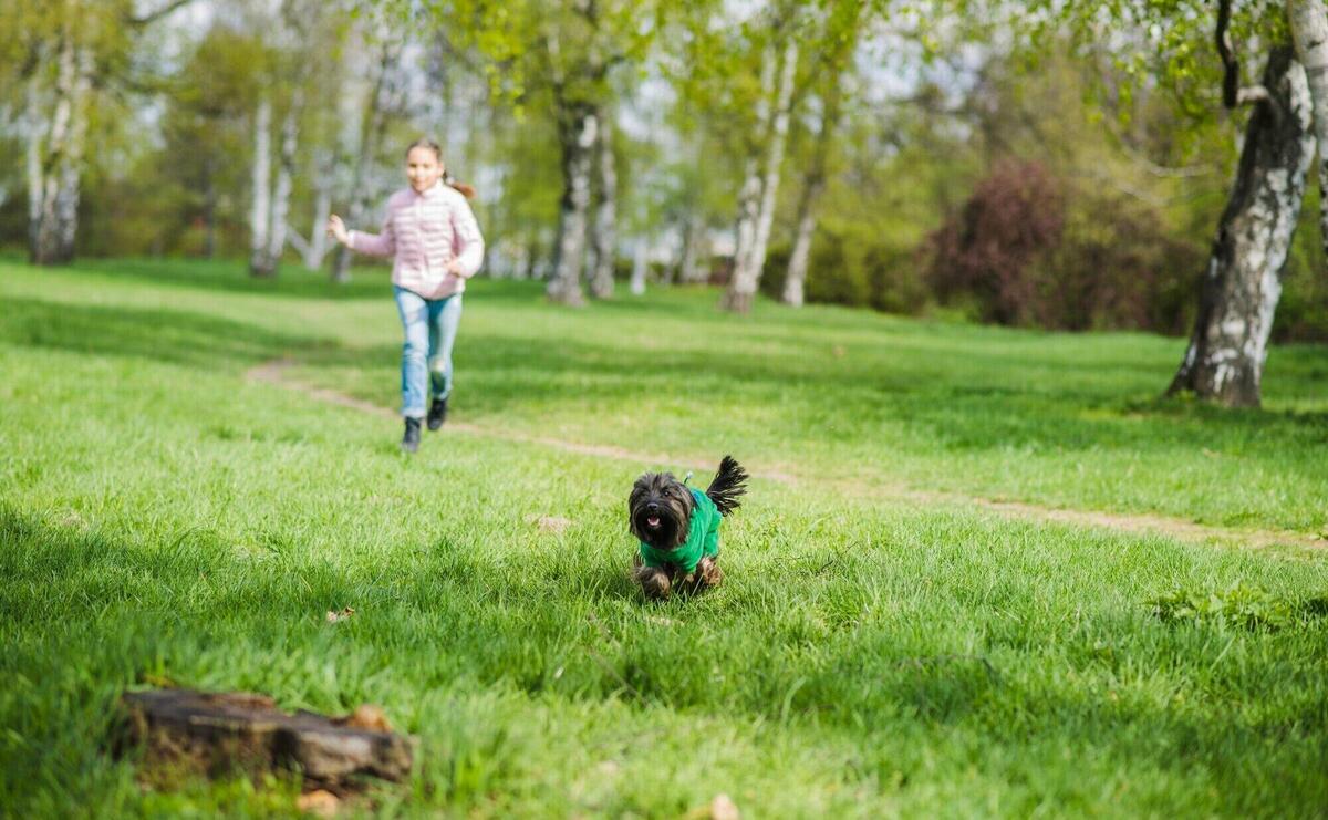 Girl running behind her dog