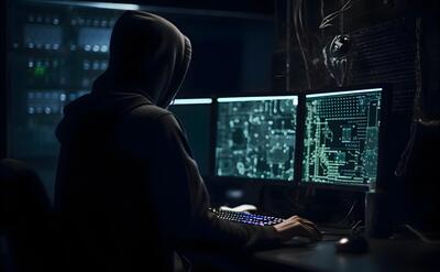 Hacker in hood stealing data from server room Cybercrime concept