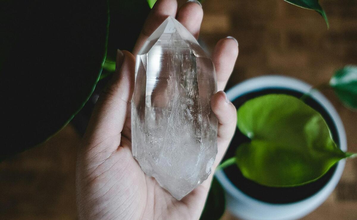 a person holding a piece of crystal next to a potted plant