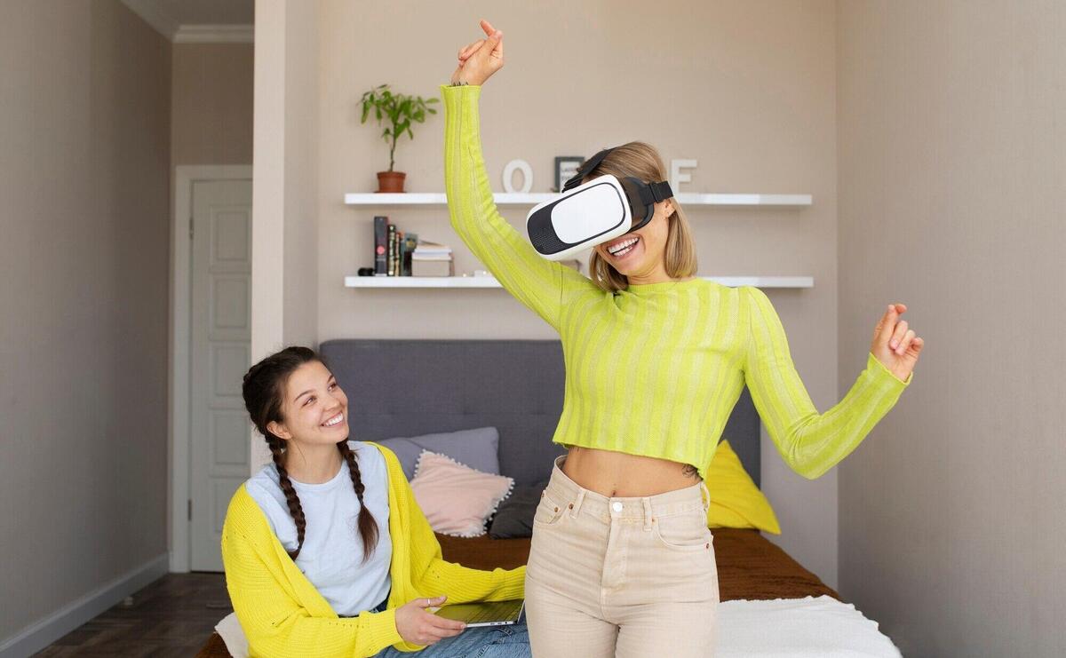 Young woman enjoying new technology vr glasses