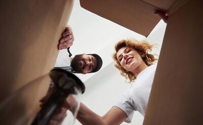 This is for the kitchen. Happy couple together in their new house. Conception of moving