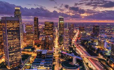 Aerial shot of downtown Los Angeles at night