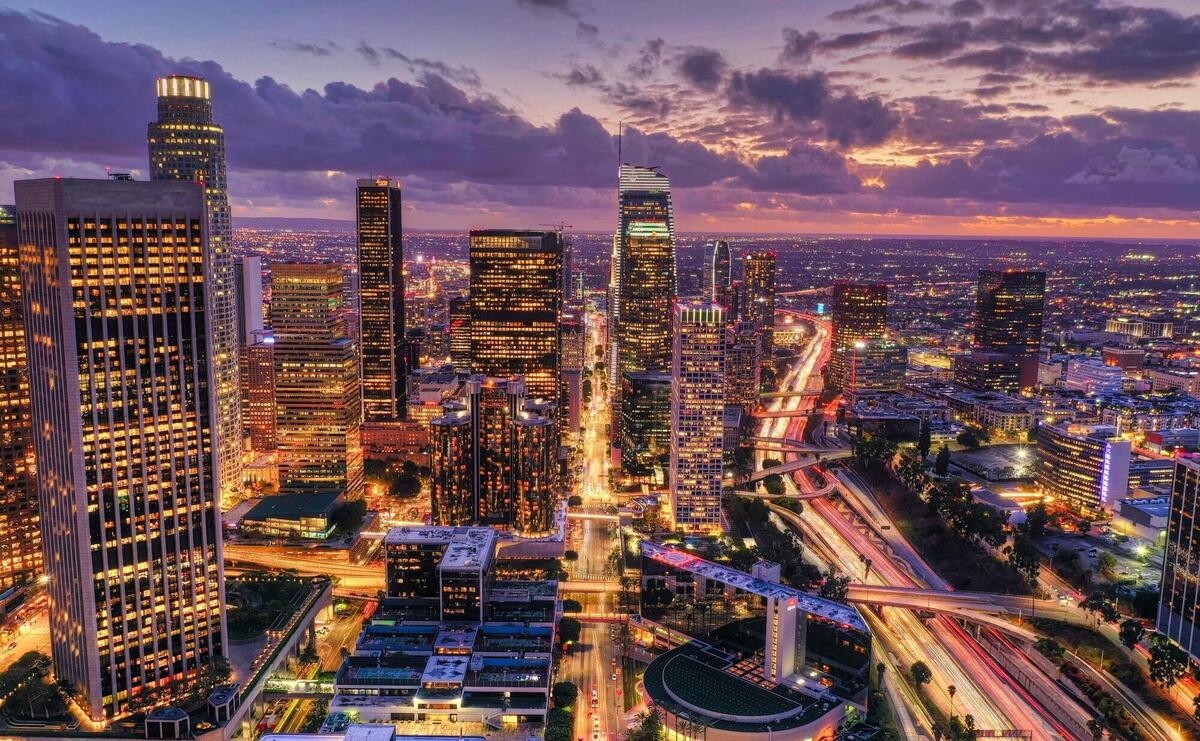 Aerial shot of downtown Los Angeles at night