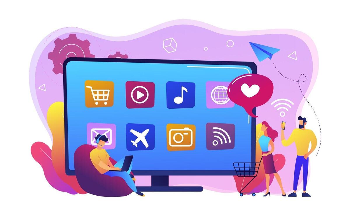 Tiny people with laptop, shopping cart using smart TV with apps. Smart TV applications, smart TV marketplace, television app development concept. Bright vibrant violet  isolated illustration