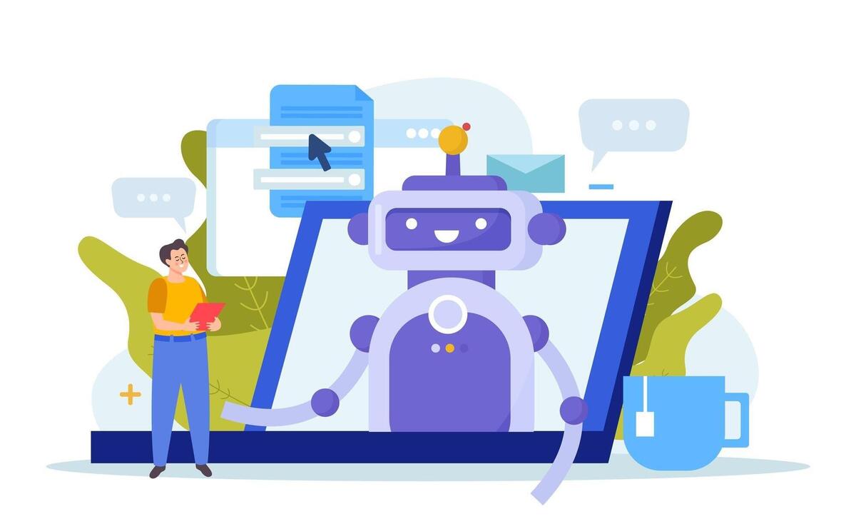 Chatbot services flat composition with man talking to cute robot on laptop screen vector illustration