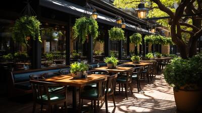 Restaurants terrace with black and green awnings