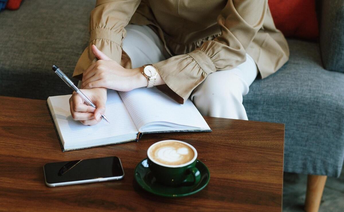 Woman, writing, table