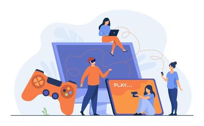 Gamers using different devices and playing on mobile phone, tablet, laptop, console. Cartoon illustration